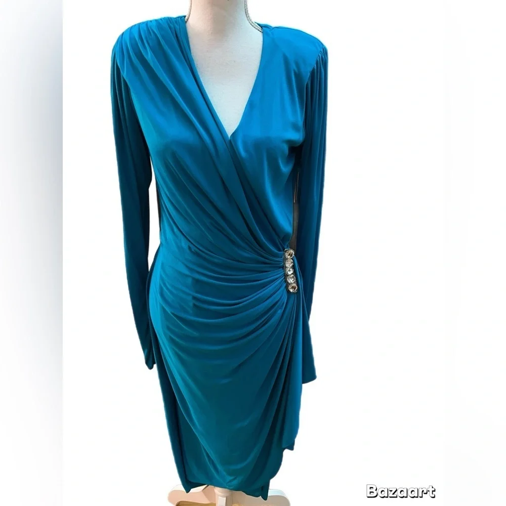 Vintage Lillie Rubin Women’s Dress Size 10 Turquoise Wrap Dress Long Sleeve - Picture 2 of 6